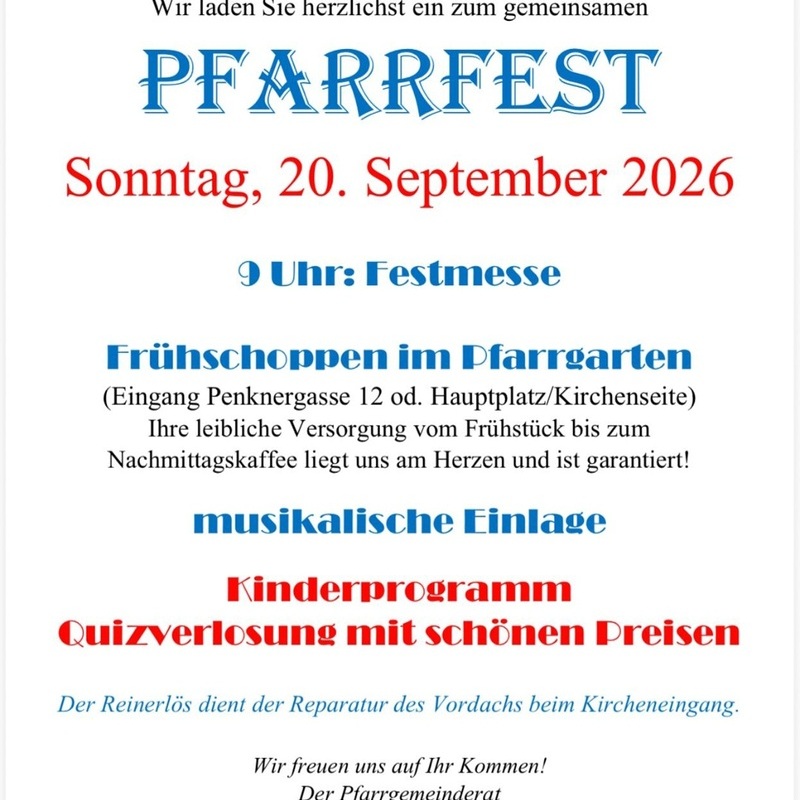 Pfarrfest / Pfarre Wilhelmsburg Herzliche Einladung zum Pfarrfest am 20.09.2026 im Pfarrgarten